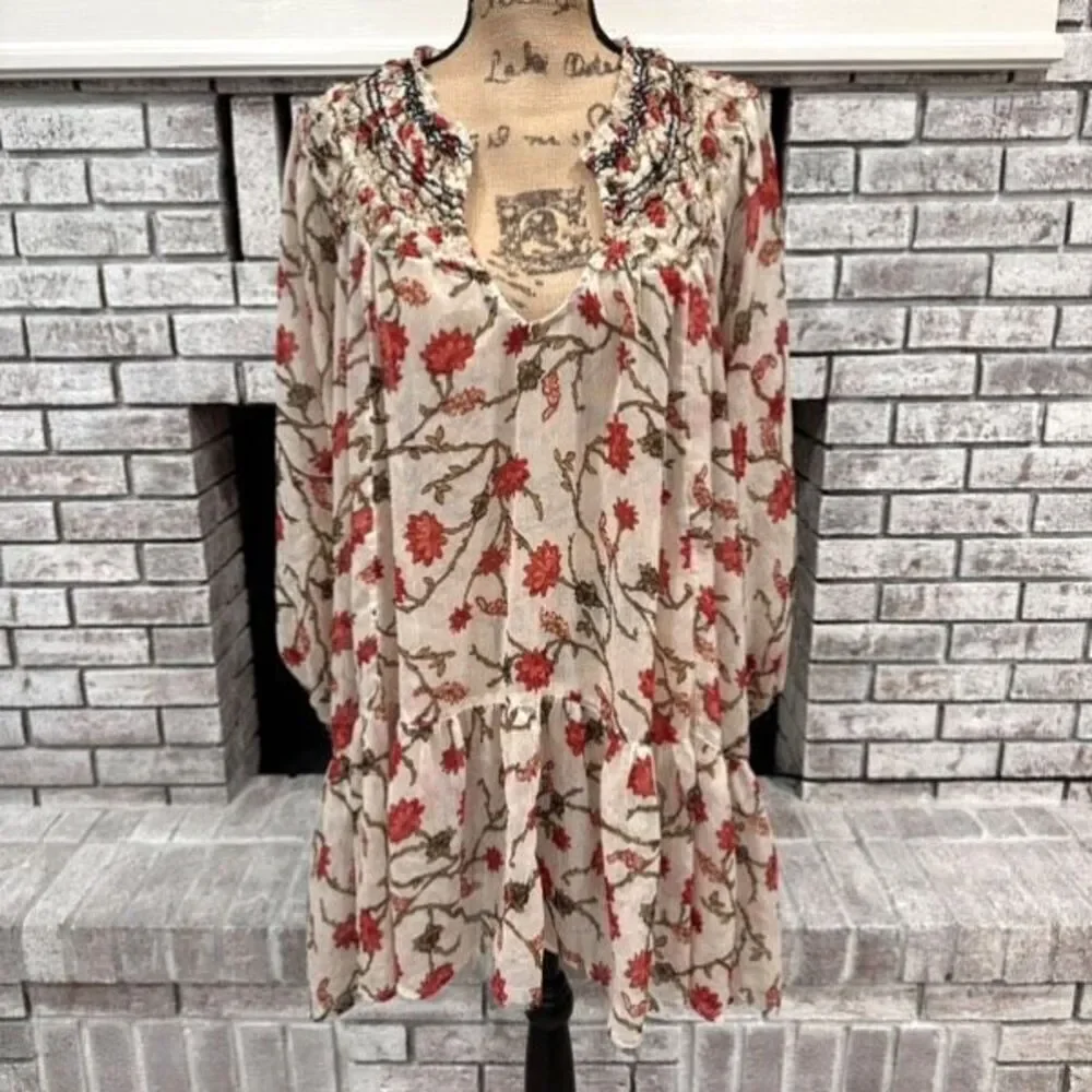 Free People Women's Keeping Up With Kara Floral Tunic Top Ivory Red Size Medium‎